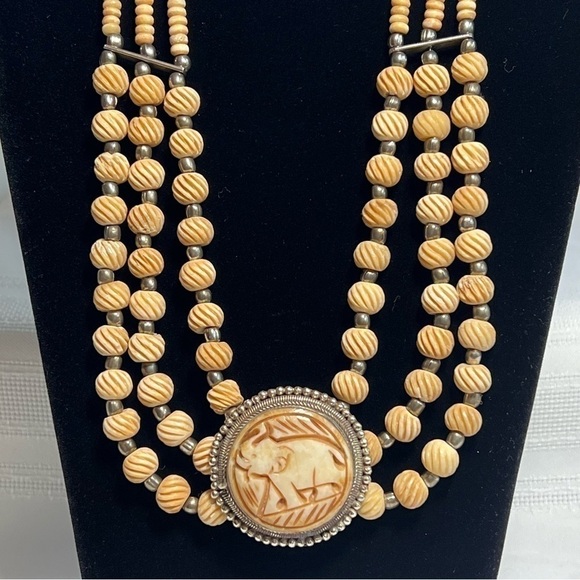 Vintage Jewelry - Carved Necklace Ethnic Exotic Tribal  Multi-strand Carved Elephant‎ Centerpiece